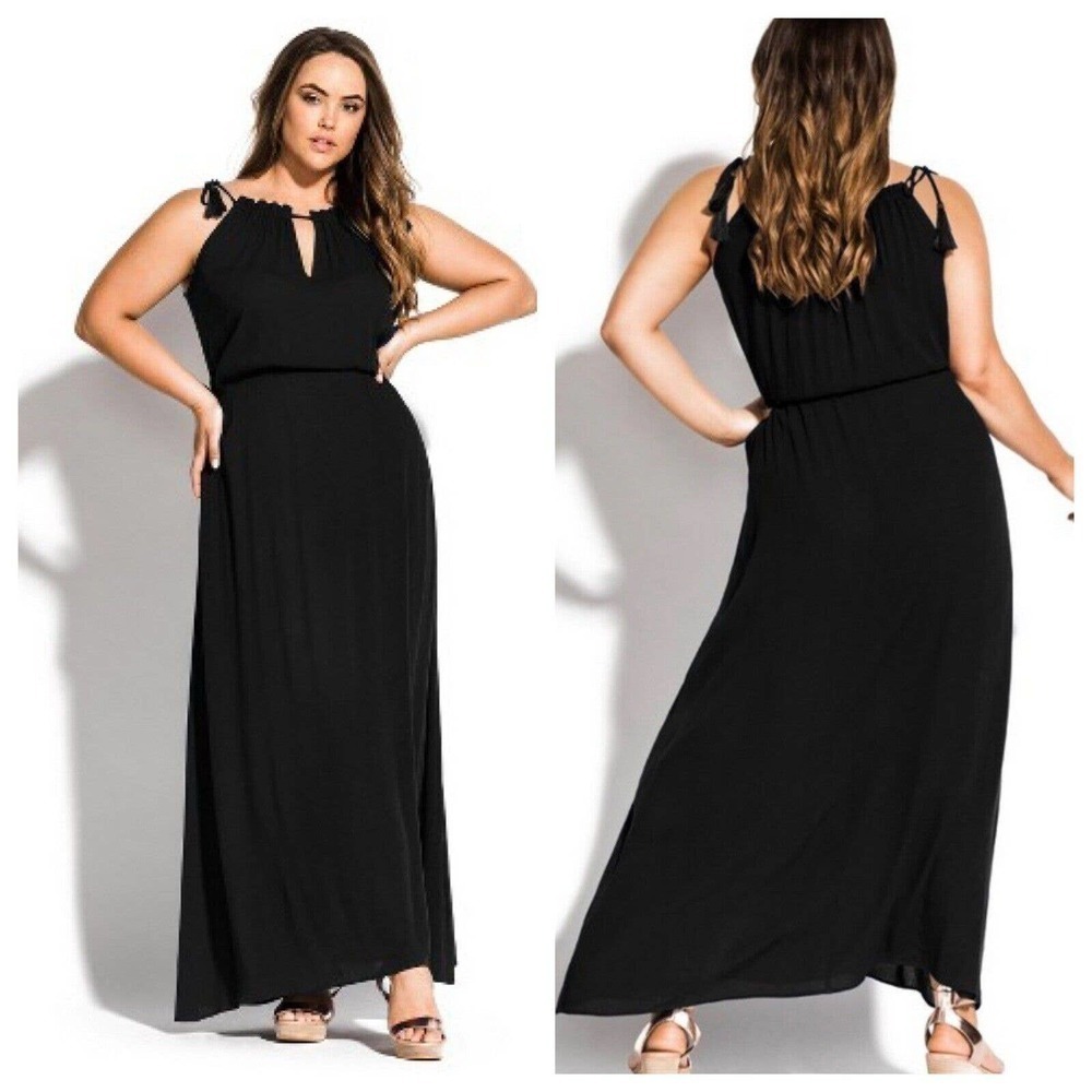 City Chic S/ 16 Black Maxi Tassel Dress High Keyhole Neck Gauze Knit